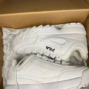 FILA Kid’s White Leather Sneakers with Navy & Red Logo